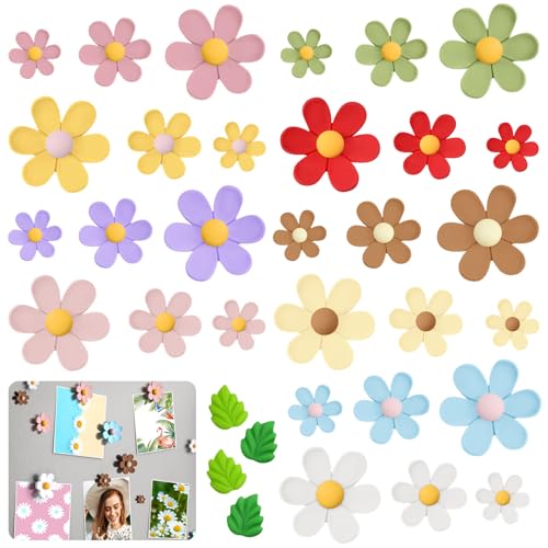 LPAMABA 34 Pièces Aimants de Réfrigérateur Fleur 3D Aimant Frigo de Fleurs Mignons Aimants de Réfrigérateur Marguerite Décoratifs Aimants Colorés pour Ableau Magnetique, Réfrigérateur, 2 modèles