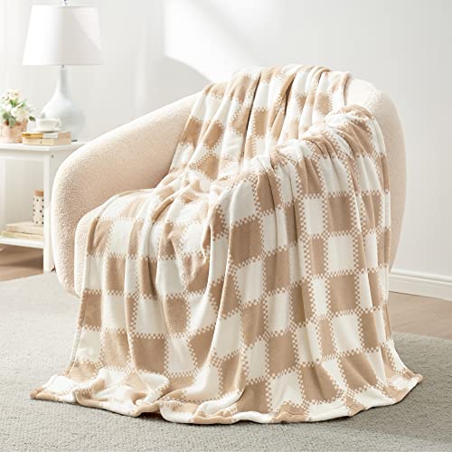 Image of Cozy Bliss Beige Checkered Throw Blanket Ultra Soft Warm MilkyPlush™ Fleece Blanket Checkerboard Grid Plush Blanket for Couch Bed Sofa, Beige 50"x60"