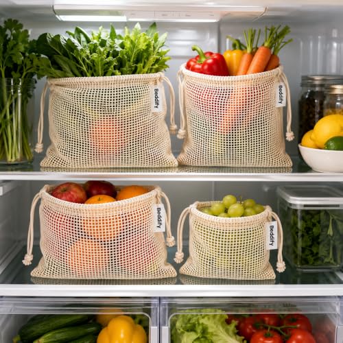 Image of Beddify 100% Cotton Set of 6 Reusable Fridge Storage Bags for Vegetables Fruits Garland and Toys Cotton Net Bags Eco-Friendly Dual Support Pull String Pouch