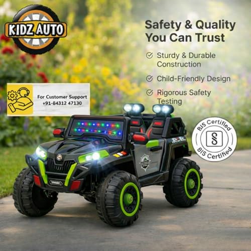 Image of KAB J 2188 Electric Ride-On Jeep for Kids with Remote Control | Rechargeable Battery Toy Car with Music, LED Decorative Lights, Openable Doors, Suspension & Bonnet Lighting | Green