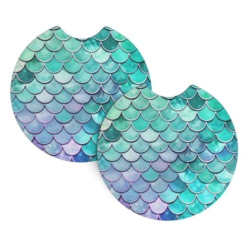 keluki 2PCS Mermaid Fish Scales Print Car Cup Holder Coasters,Anti Slip Rubber Mat with Finger Notch for Women Men 2.7 inche