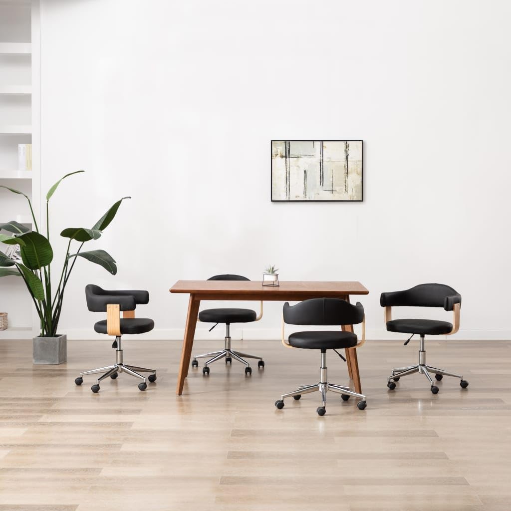 Juego de 4 sillas de comedor giratorias negras de piel sintética | Ajustable en altura, rotación de 360 grados, marco de madera, patas de acero, fáciles de montar