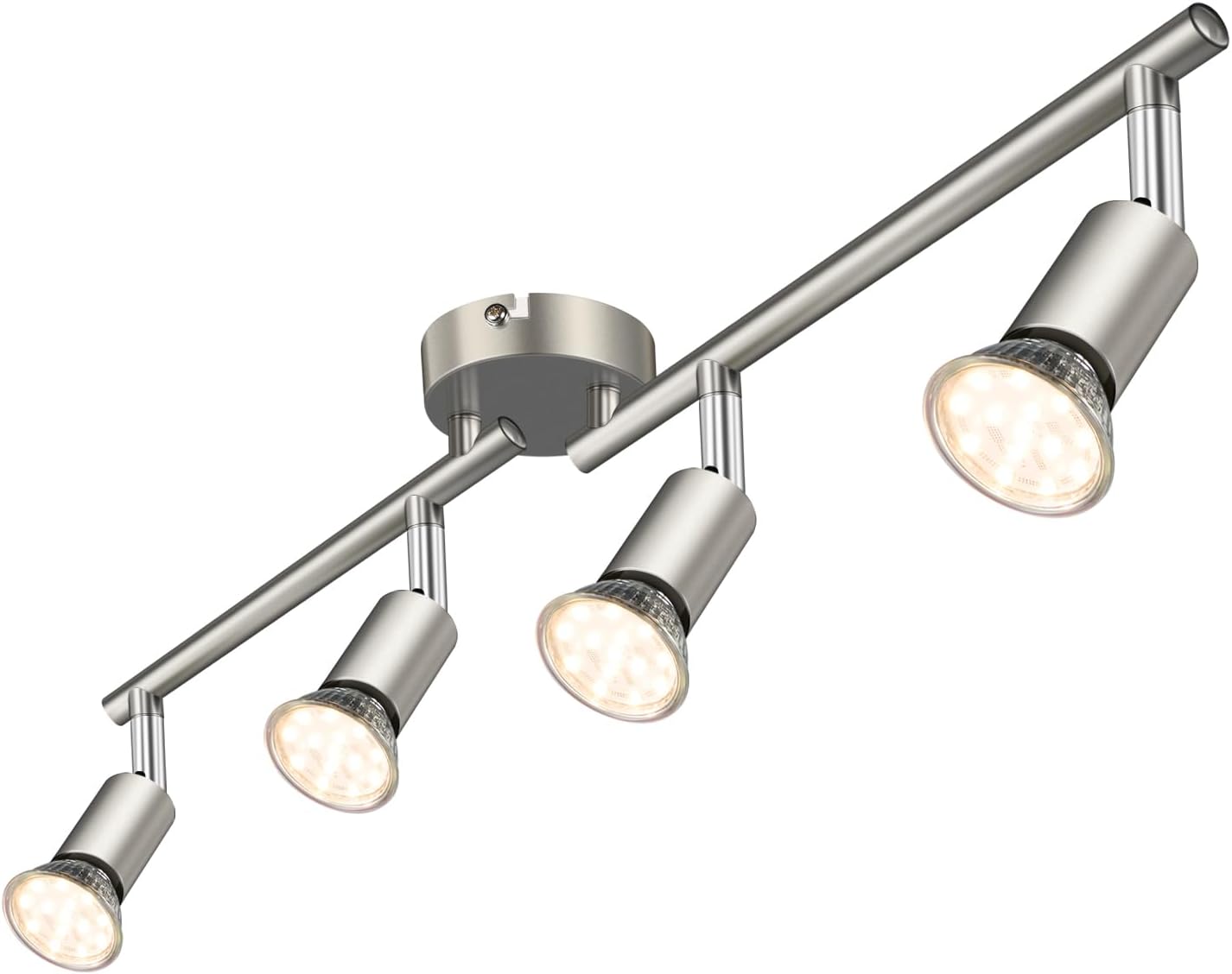 Defurhome LED Ceiling Light Rotatable, 4 Way Adjustable Modern Ceiling Spotlights(Matte Nickel) for Kitchen, Living Room, Bedroom,Including 4 x 4 W GU10 Led Bulbs(400LM, Warm White)
