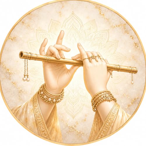 Image of Krishna Flute Circle Wallpaper for wall, Round Wall Art, Gold Marble Print, 3X3 Feet, Pooja Room Decor (91.4 X 91.4 cm)