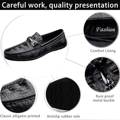 Men's Genuine Leather Loafers - Alligator Print Slip-On Dress Shoes with Anti-Slip Sole Round Toe Comfort for Business Casual Driving or Daily Wear2