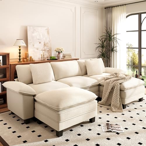 Image of PHI VILLA Cloud Modular Couch Sets, 123.6 inch Oversized Sectional Sofa with U-Shaped Chaise, 5-Seater Couches with 2 Movable Ottomans for Living Room, Chenille Beige