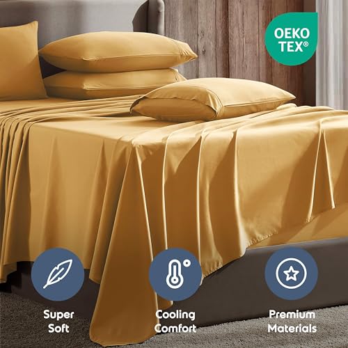 Image of Nestl Extra Deep Cal King Sheet Set - 6 Piece Breathable & Cooling Sheets - Hotel Luxury Bedding Set w /18-24 Inch Deep Pockets - Easy & Secure Fit - Super Soft, Wrinkle Free & Comfy - Camel Gold