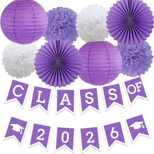 Image of Purple White Graduation Party Decoration Class Banner Hanging Pom Poms Flowers High School College Grad Supplies