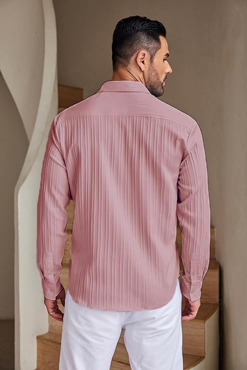Image of Men's Casual Button Down Linen - Long Sleeve Textured Summer Beach Shirt - Men's Fashionable Lightweight Breathable Stylish Fancy for Vacation