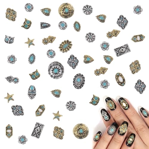 50PCS Western Nail Charms 3D Turquoise Totem Gemstones for Nails Bohemia Turquoise Nail Charms Ethnic Style DIY Nails Art Decorations