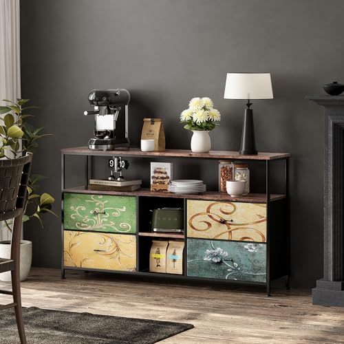 FEEOHOME Meuble TV LED, Support pour Téléviseur 55 Pouces, Table Télé avec 4 tiroirs en Bois et étagères de Rangement, Cadre en Acier, pour Salon ou...