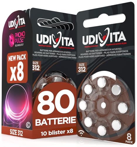 80 Batterie Per Apparecchi Acustici Udivita Auricolari PR41 Misura 312 (Marroni) con Tecnologia Phono Pulse - 10 Blister da 8 Pile