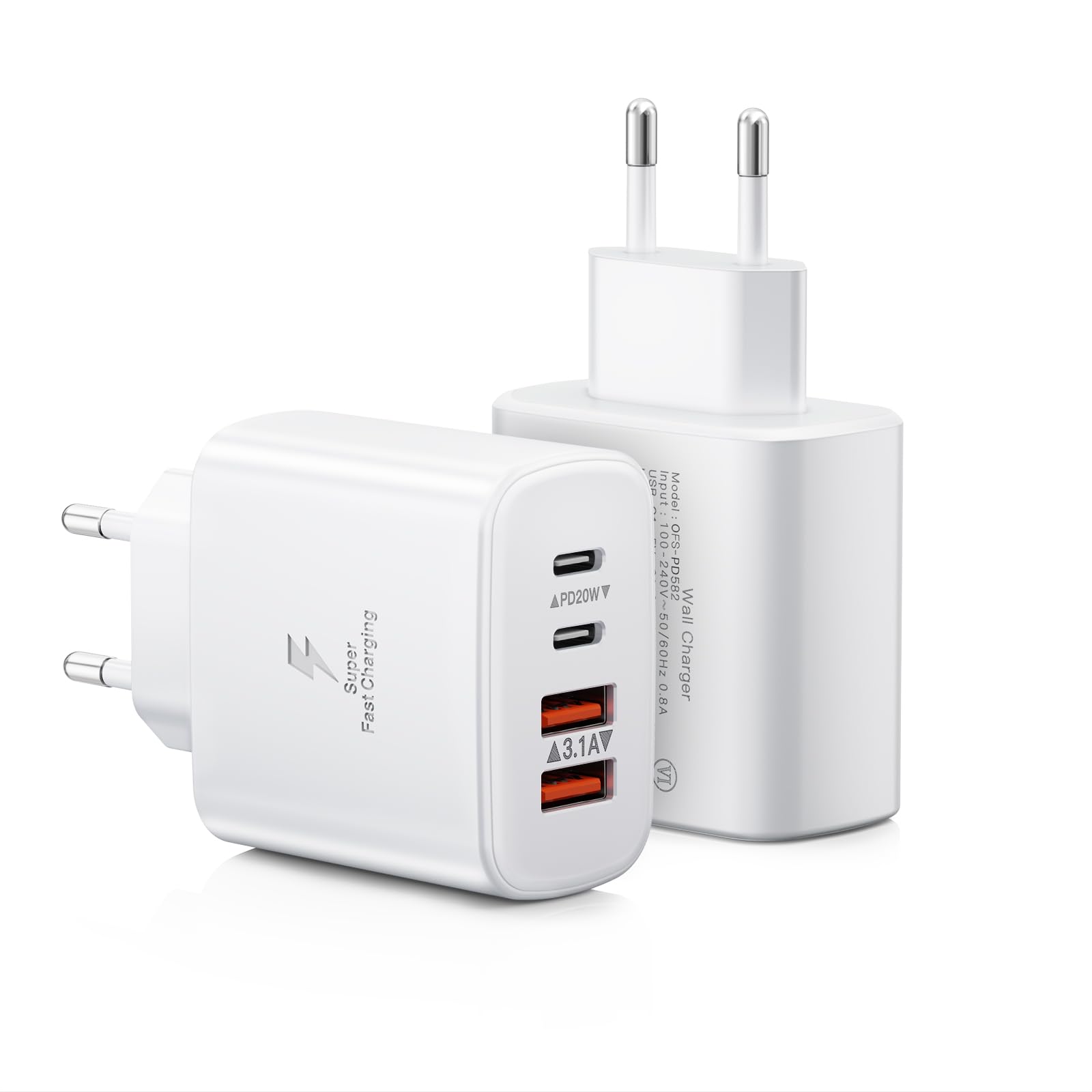 2-Pack Caricatore USB C Rapido, 40W 4-Porto USB C Alimentatore Presa Caricabatterie per iPhone 16 15 14 13 12 11 Pro Max XR XS X 8, iPad,Samsung, USBC Spina Ricarica Adattatore Muro Carica Spinotto