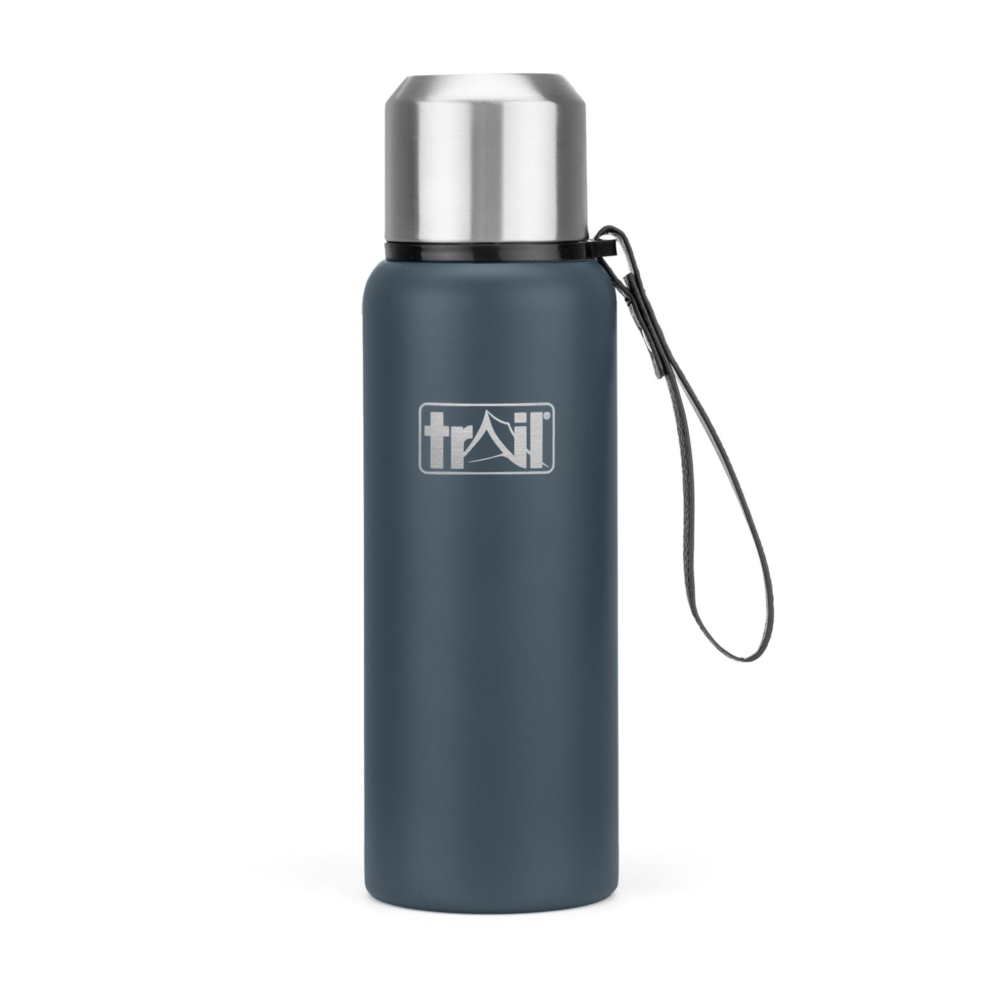Trail Vacuum Flask with Strap 600ml, Stainless Steel Thermal Flask for Camping, Hiking & Travel, Keeps Drinks Hot 12hrs / Cold 24hrs, Double Walled, Leak-Proof, Twist-&-Pour Stopper, Lid Cup (Grey)