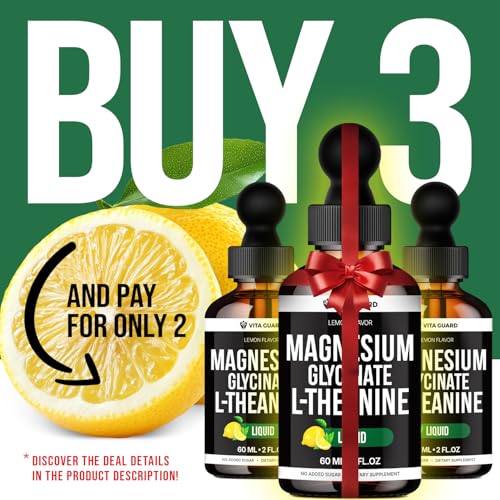Image of Vita Guard Magnesium Glycinate Liquid Drops 500mg - Liquid Magnesium with L-Theanine 200mg - Sleep, Calm, Stress Relief, Muscle & Nerve Health - Lemon Flavor, Gluten Free, No Sugar, Vegan, 2 Fl Oz