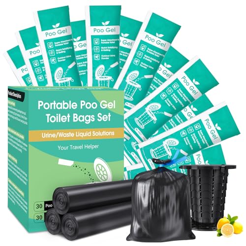 30 Portable Toilet Bags Poo Gel Set, 8 Gallon Camping Toilet Bags with Portable Absorbent Toilet Gel, Urine Powder with Potty Trash Waste Bags for Outdoor Camping, Traveling, Emergency