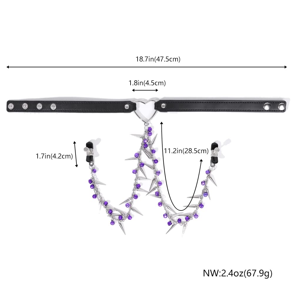 WOMLIGERI Nipple Clamps with Collar Necklaces Adjustable Leather Punk Chokers Heart Head Choker Non-Piercing Clips for Women: Purple Bells Rivets NP