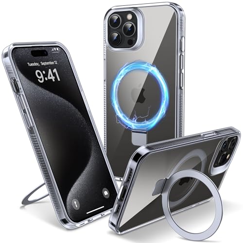 Flyzoo Magnetic Case for iPhone 15 Pro - [Built-in Invisible Stand] [Compatible with MagSafe] [Military Grade Drop Protection] Anti-Yellowing Hard Back Silicone Edge Cover 6.1 Clear