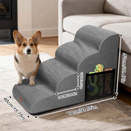 Zvonema Hundetreppe, Haustiertreppe 4 Stufen, Hunde Treppe 52cm Hoch, Abnehmbar rutschfest Hunderampe aus Schaumstoff, Hundetreppe für Kleine Hunde und Katzen, Waschbar Katzentreppe