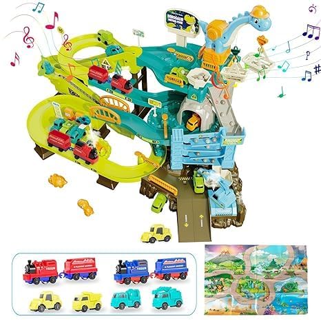 SKYBUCKET Colorful Dinosaur Ramp tracketlimbing Railcar, Construction Vehicles, Crane, Gas Station with Music 8 Games for Kids