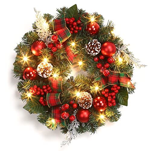 LinTimes Weihnachtskranz 45CM Künstlicher Türkranz Weihnachten mit 15 LED, Weihnachtsgirlande mit Weihnachtskugeln Kiefernzapfen Beere für Haustür, Kamin und Wanddekoration - Grün Rot Cover