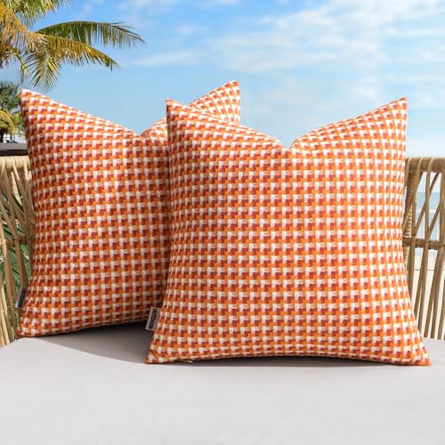 MIULEE Outdoor Texture Throw Pillow Covers Waterproof Pack of 2 Decorative Woven Farmhouse Cushion Covers for Patio Garden Balcony Porch Tent Bench Sofa 18x18 Inch Orange