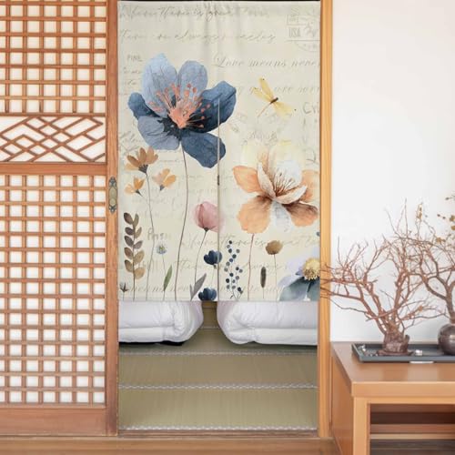 Sauoromeon のれん カーテン 幅75x丈90cm 厚手 遮光 暖簾 ドアカーテン 仕切り 目隠し 通気性 和風 おしゃれ フラット リング対応 ひも付き 夏 野の花 春 ちょう 植物 花 田園風 勝手口 玄関 キッチン リビング 春夏秋冬