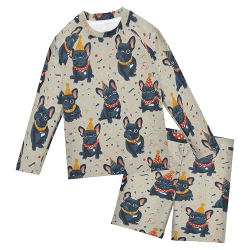 Bulldog Confetti Boys Swimsuit Rash Guard Toddler Kids Long Sleeve Swim Shirt and Trunks Swimwear Set 3-10Y