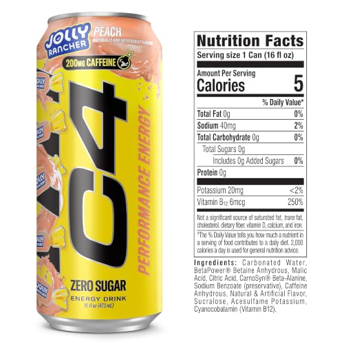 Image of C4 Performance Energy Drink, Jolly Rancher Peach, Zero Sugar Carbonated Preworkout Energy, 200mg Caffeine with Beta Alanine, 16 Fl Oz (12 Pack)