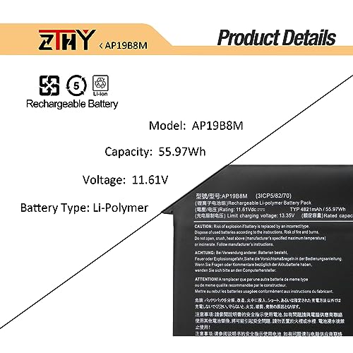 Image of AP19B8M Laptop Battery 55.97Wh Replacement for Acer Swift 3 SF314-59 TravelMate TMP414-51 TMP614-52 Porsche Design Book RS AP714-51GT Chromebook CB514-1W CP514-1H CB515-1W CB317-1H CP713-3W AV15-52
