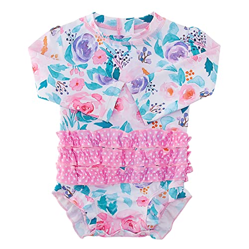 Image of ADUKIDE Baby Girls Rash Guard Swimsuit Long Sleeve Ruffles Swimwear with Zipper UPF 50+ One Piece Beachwear Size 3-24 Months