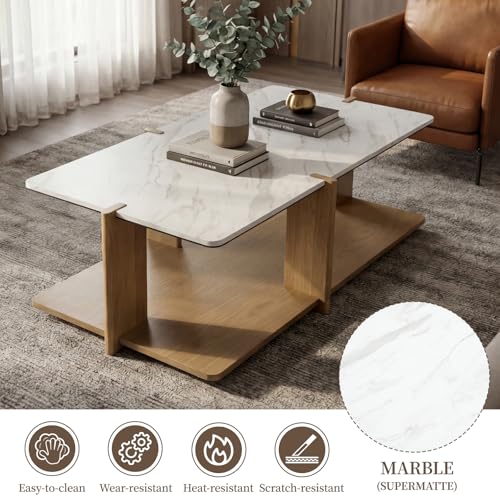 Image of HNY 50 inch Modern Open Frame Coffee Table with Storage & Marble Top, Solid Wood Construction, Hollow Visual Design for Living Room, Office, Hotel Lobby - Natural