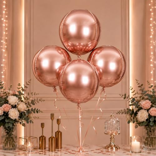Image of Party Propz Disco Party Decorations -4Pcs Rose Gold 4D Foil Balloons for Party 18 Inch Round Foil Balloons for Birthday, Anniversary, Baby Shower, Bridal Shower, Bachelorette & Party Decorations(Foil)