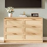 Ieejdn Mid Century Modern Dresser,Rattan 6 Drawers Dresser for Bedroom, 47