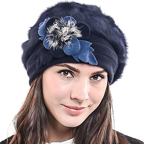 F&N STORY Lady French Beret Wool Beret Chic Beanie Winter Hat(BR022-Navy Angora)