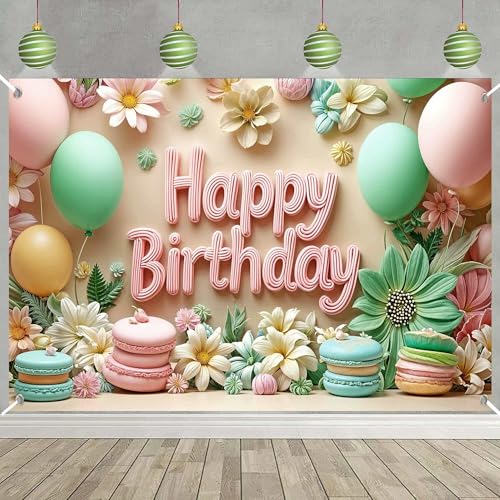 Image of Happy Birthday Backdrop for Women - 72X44 inch Banner Daisy Flower Floral Sweetmeat Happy Birthday banner for Kids Party Decor Girls Celebration Poster Cake Table Decorations Photo Booth