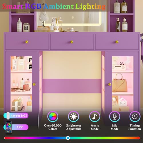 Image of Makeup Vanity Desk with Mirror and Lights, 43 inch Purple Vanity with Glass Top, Jewelry Storage, 3 Drawers & Glass Cabinets, Power Outlet & Adjustable LED Lights, Dressing Table for Women & Girls Bedroom