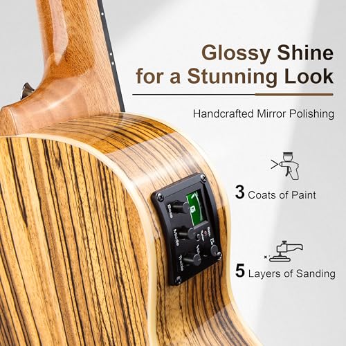 Image of Caramel 26inch CT103 Zebrawood High Gloss Tenor Electric Ukulele Professional Ukelele Kit Beginner Guitar Starter Bundle Strings, Padded Gig Bag, Strap