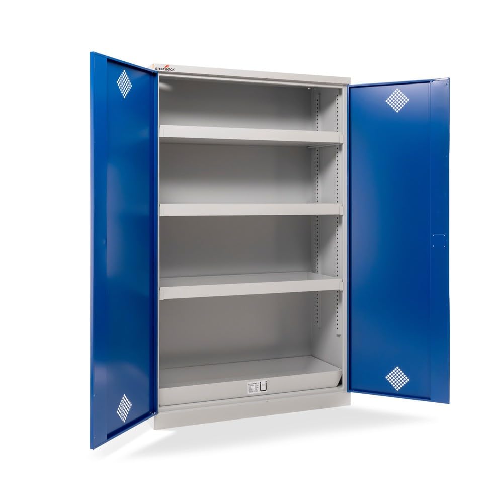 Steinbock Gefahrstoffschrank aus Stahlblech für wassergefährdene Stoffe bis WGK 2 | HxBxT 195 x 120 x 50 cm | Bodenwanne nach StawaR | vollmontiert | Chemikalien- und Giftschrank mit Zylinderschloss