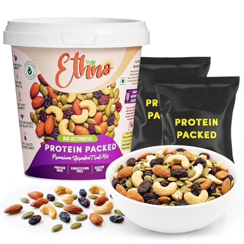 Image of Ethno Protein Packed Bio-Activated Trail Mix (14-Pack) - Roasted Almonds, Cashews, Raisins, Pumpkin Seeds - Sprouted Nuts & Seeds + Mixed Dry Fruit Combo Pack - No Added Sugar, Oil-Free, Healthy Snack