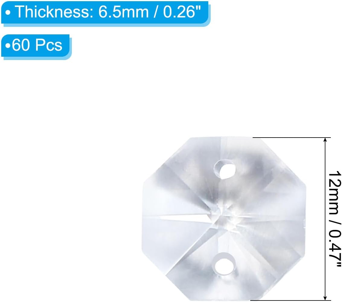 PATIKIL K9 Crystal Octagon Beads 2 Holes Pendants, 60 Pack 12mm Chandelier Prisms Parts Ornaments Hanging Beads for DIY Arts Crafts Decoration, Clear - Image 2