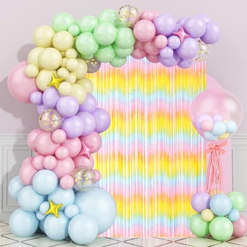 Image of Voircoloria 2 Pack Pastel Rainbow Foil Fringe Backdrop Curtains, Tinsel Streamers Birthday Party Decorations, Fringe Backdrop for Baby Shower, Gender Reveal, Birthday Party