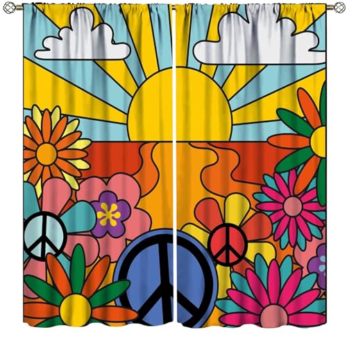 Retro Blackout Curtains for Kids Women Bedroom, Hippie Landscape Flowers, Clouds, Sun and Rainbow Vintage 70s Style Print Living Bedroom Window Drapes 42x45 Inch