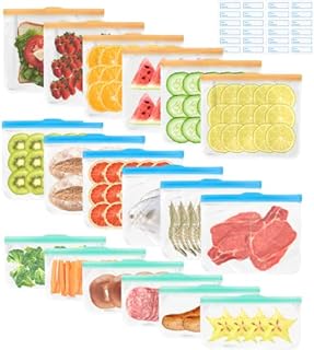 Exllena Reusable Silicone Freezer Bags + Freezer Labels, Reusable Food Bags BPA Free, Eco-Friendly and Leakproof Ziplock Bags with Triple Zip Closures-18 Packs