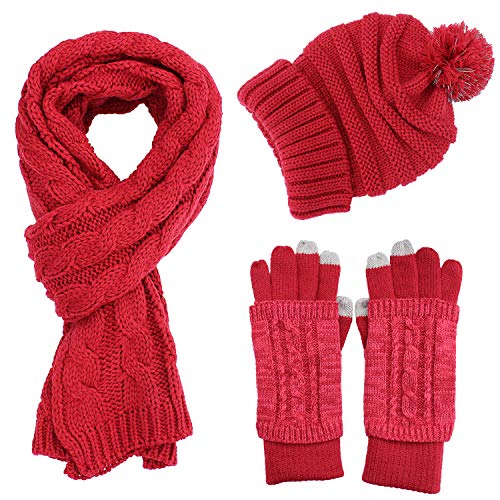 Hat Gloves Scarf Set Women - Beanie Winter Gift Set Warm Knit Pom Cap Touch Screen Glove Long Scarf 3Pcs For Women #TOP1