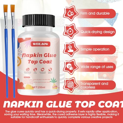 WEILAOK Serviettentechnik Kleber, Serviettenkleber für Serviettentechnik, Decoupage Kleber, Serviettenkleber Transparent Wasserfest für Holz, Keramik, Stein und Karton, 250ML