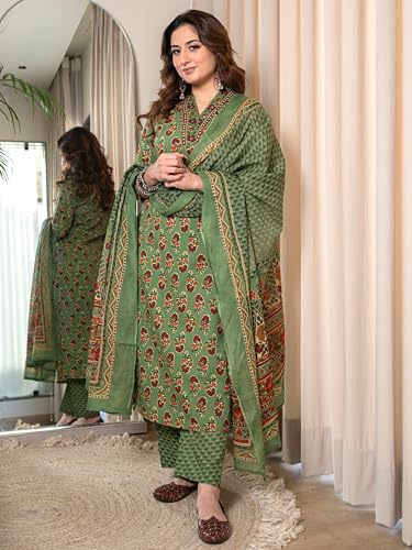 Image of Arayna Women's Cotton Printed Kurta Set with Pants & Dupatta - 3 /4 Sleeve | Elegant Ethnic Wear