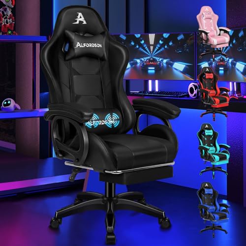 ALFORDSON Chaise Gaming, Siege Gaming avec Support Lombaire de Massage, Fauteuil de Gaming Pivotant Ergonomique avec Appui-Tête, Hauteur Réglable, Cuir PU, Noir