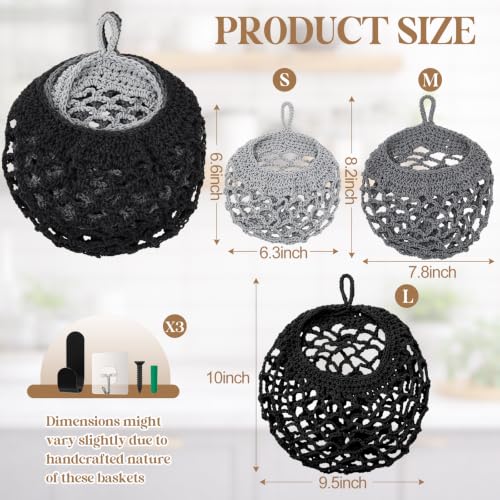 Image of Honeydak 3 Hanging Baskets, Grey, White, Dark Grey, Crochet, Cotton Rope