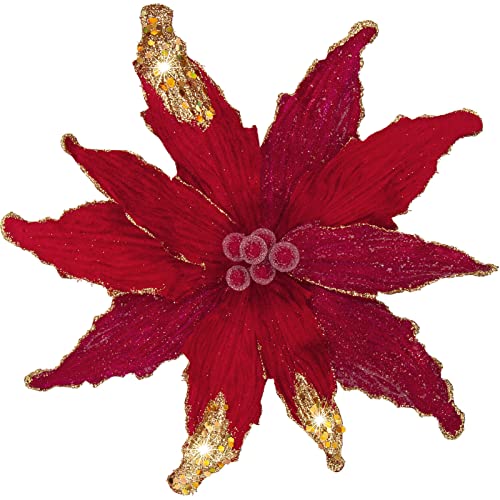 Briful 4 PCS 12" Glitter Poinsettia Red Artificial Flowers Stem for Christmas Tree Decorations Fake Poinsettia Flowers Large Artificial Christmas Flowers Arrangements for Xmas Decorations